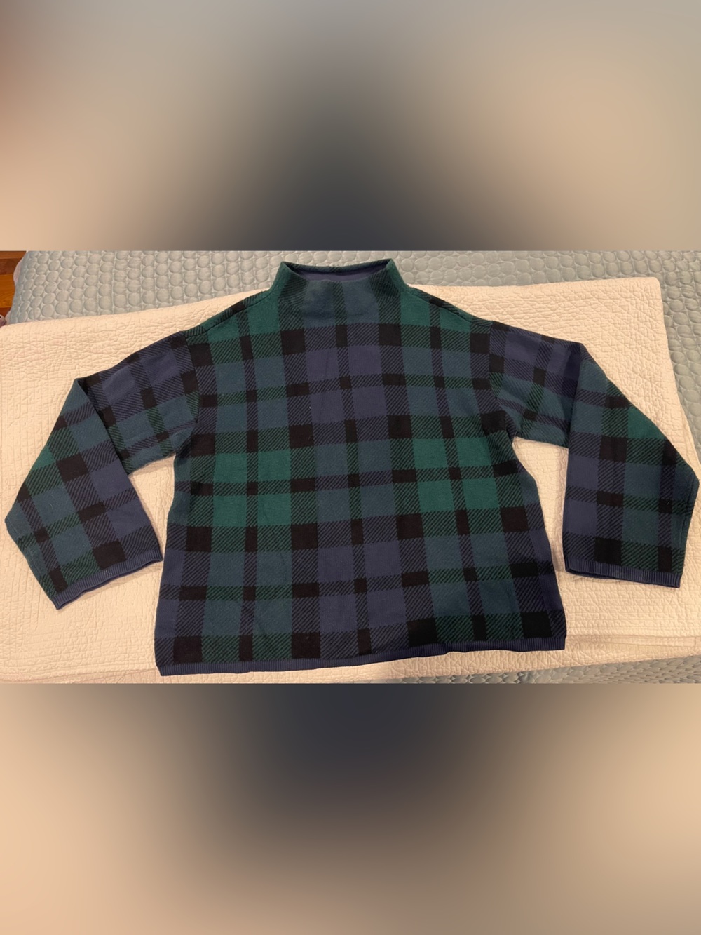 Ann Taylor Blue Green Plaid Mock Neck Sweater Medium Cotton Blend Soft Cozy